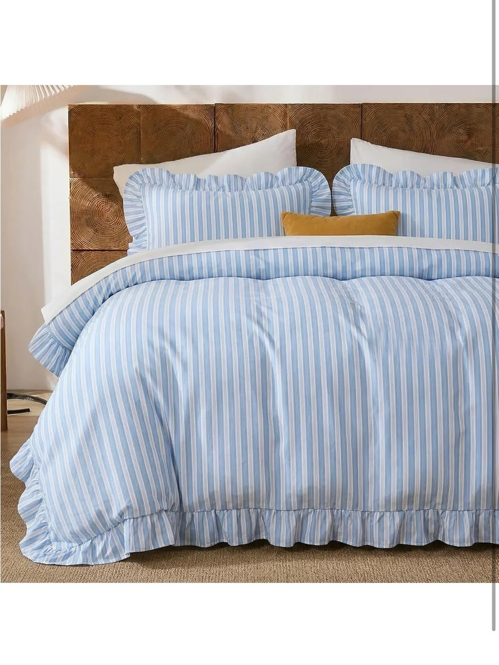 NEW Merryword 100% Cotton Blue/White Striped Duvet Cover Set King. Ruffle Trim